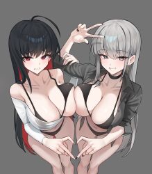 Rule 34 | 2girls, :d, absurdres, arm up, asymmetrical docking, bare shoulders, bikini, bikini under clothes, black bikini, black choker, black hair, black nails, black shirt, blush, breast press, breasts, brown eyes, choker, cleavage, closed mouth, coke0502, collarbone, colored inner hair, cross, cross earrings, dress shirt, earrings, feet out of frame, foreshortening, from above, frown, grey background, grey hair, heart, heart hands, heart hands duo, highres, jewelry, large breasts, long hair, long sleeves, looking at viewer, looking up, multicolored hair, multiple girls, nail polish, navel, off shoulder, one breast out, open clothes, open mouth, open shirt, original, parted lips, red eyes, red hair, shirt, simple background, smile, standing, swimsuit, two-tone hair, unbuttoned, unbuttoned shirt, w, white shirt