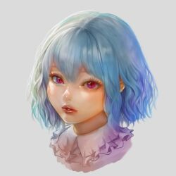Rule 34 | 1girl, axe r18, blue hair, cropped shoulders, eyebrows hidden by hair, eyelashes, frilled shirt collar, frills, grey background, highres, lips, looking at viewer, parted lips, portrait, realistic, remilia scarlet, short hair, sidelighting, simple background, slit pupils, solo, touhou, wavy hair