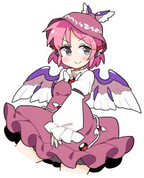 Rule 34 | 1girl, animal ears, bird ears, bird wings, blush, brown dress, brown hat, closed mouth, cowboy shot, cropped legs, dress, earrings, frilled dress, frilled sleeves, frills, grey eyes, hat, highres, ini (inunabe00), jewelry, long sleeves, mystia lorelei, pink hair, short hair, simple background, single earring, smile, solo, touhou, white background, white wings, wide sleeves, winged hat, wings