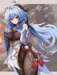 Rule 34 | 1girl, ahoge, bare shoulders, bell, blue gloves, blue hair, blush, bodystocking, bodysuit, breasts, brown pantyhose, cameltoe, chinese knot, clothes lift, covered erect nipples, detached sleeves, flower knot, ganyu (genshin impact), genshin impact, gloves, gold trim, groin, highres, holding board, horns, leotard, leotard under clothes, long hair, looking at viewer, low ponytail, medium breasts, neck bell, pantyhose, pelvic curtain, pelvic curtain lift, purple eyes, ruman doe, sidelocks, smile, solo, standing, tassel, thighlet, thighs, vision (genshin impact), white sleeves