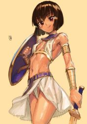 Rule 34 | 1girl, :q, armpits, assal (sennen sensou aigis), bare shoulders, black hair, breasts, brown eyes, covered erect nipples, dark-skinned female, dark skin, egyptian clothes, highres, holding, holding shield, holding sword, holding weapon, kawakami rokkaku, navel, sennen sensou aigis, shield, short hair, simple background, small breasts, smile, solo, sweat, sweatdrop, sword, tongue, tongue out, usekh collar, weapon, yellow background