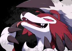 Rule 34 | black background, claws, colored sclera, commentary request, creatures (company), game freak, gen 7 pokemon, kemonobito, looking down, lycanroc, lycanroc (midnight), nintendo, open mouth, pink eyes, pink pupils, pink sclera, pokemon, pokemon (creature), sharp teeth, solo, teeth, tongue, upper body, white fur