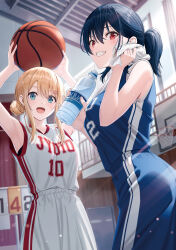 Rule 34 | 2girls, :d, armpits, arms up, ball, basketball (object), basketball hoop, basketball jersey, basketball uniform, black hair, blonde hair, blue eyes, blue shirt, blurry, blurry background, bottle, breasts, commentary, day, gym, hair bun, hair ornament, hairclip, highres, holding, holding bottle, hyuuga azuri, indoors, long hair, looking at viewer, medium breasts, multiple girls, open mouth, original, parted lips, red eyes, shirt, short ponytail, sleeveless, sleeveless shirt, smile, sportswear, sunlight, sweat, symbol-only commentary, towel, towel around neck, water bottle, white shirt, white towel, window, wiping sweat