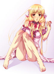 Rule 34 | 1girl, android, bare legs, bare shoulders, barefoot, blonde hair, blunt bangs, blush, breasts, brown eyes, chii, chobits, cleavage, collarbone, dress, feet, frilled dress, frills, full body, hair tubes, highres, juvecross, knees together feet apart, long hair, looking at viewer, medium breasts, panties, pantyshot, parted lips, pink dress, pink panties, sidelocks, sitting, solo, toes, underwear, very long hair