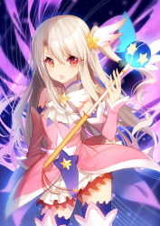 Rule 34 | 1girl, bison cangshu, blue thighhighs, blush, detached sleeves, fate/kaleid liner prisma illya, fate (series), holding, holding staff, illyasviel von einzbern, long hair, looking at viewer, parted lips, red eyes, silver hair, solo, staff, star (symbol), thighhighs