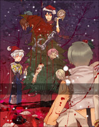 Rule 34 | 3boys, :d, armor, armored boots, artist name, assassin cross (ragnarok online), back, barbed wire, bio lab, black cape, black shirt, blonde hair, blood, boots, breastplate, brown hair, cape, christmas, christmas tree, closed mouth, commentary request, crop top, cross, dated, dismemberment, eremes guile, glowing, glowing eyes, guro, hair ornament, holding head, holly, holly hair ornament, howard alt-eisen, leg armor, looking at viewer, looking back, looking to the side, lord knight (ragnarok online), male focus, multiple boys, nsmt, open clothes, open mouth, open shirt, pauldrons, pink hair, pool of blood, ragnarok online, red cape, red eyes, red scarf, scarf, severed arm, severed head, severed limb, seyren windsor, shirt, short hair, shoulder armor, smile, standing, suspenders, tabard, torn clothes, torn scarf, torn shirt, translation request, waist cape, watermark, web address, white shirt, whitesmith (ragnarok online)