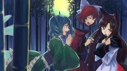 Rule 34 | 3girls, animal ears, bamboo, bamboo forest, blue hair, brown hair, cape, closed eyes, covering privates, covering breasts, disembodied head, dress, drill hair, fins, fish tail, forest, full moon, hair between eyes, hair ribbon, head fins, highres, imaizumi kagerou, japanese clothes, kimono, long hair, long sleeves, looking at another, looking to the side, mermaid, monster girl, moon, multiple girls, nature, obi, open mouth, outdoors, own hands together, red eyes, ribbon, sash, sekibanki, short hair, tail, touhou, wakasagihime, wavy hair, white dress, wide sleeves, wolf ears, zeikomi