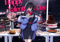 Rule 34 | 1girl, belt, black dress, black hair, blue eyes, blue hair, blurry, blurry background, bowl, brown coat, chocolate fountain, closed mouth, coat, colored inner hair, dress, earrings, english text, flower, fur-trimmed coat, fur trim, gift, happy valentine, highres, holding, holding gift, jewelry, kamitsubaki studio, koko (kamitsubaki studio), koko virtual, long hair, long sleeves, looking at viewer, medium dress, mole, mole under eye, mousse (food), multicolored hair, night, off shoulder, open clothes, open coat, pencil dress, red belt, smile, solo, standing, tiered tray, very long hair, virtual youtuber