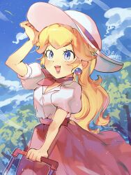 Rule 34 | 1girl, :d, absurdres, arm up, artist name, bandana, blonde hair, blue eyes, blue sky, blush, cloud, collared shirt, commentary request, day, earrings, eyelashes, hanaon, hat, high-waist skirt, highres, jewelry, lips, long hair, long skirt, mario (series), nintendo, open mouth, outdoors, pink bandana, pink skirt, princess peach, princess peach (vacation), puffy short sleeves, puffy sleeves, shirt, shirt tucked in, short sleeves, sidelocks, signature, skirt, sky, smile, solo, sphere earrings, suitcase, sun hat, super mario odyssey, tree, twitter username, white hat, white shirt, wind