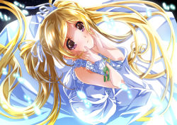 Rule 34 | 1girl, bare arms, bare shoulders, blonde hair, commentary request, dress, emily stewart, hair ribbon, highres, idolmaster, idolmaster million live!, idolmaster million live! theater days, jewelry, long dress, long hair, looking at viewer, looking up, necklace, night, pearl necklace, pure onepiece (idolmaster), purple eyes, ribbon, senomoto hisashi, sky, sleeveless, sleeveless dress, star (sky), starry sky, sundress, twintails, white dress, white ribbon