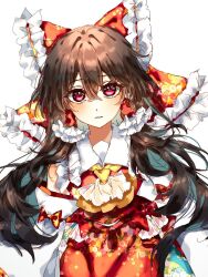 Rule 34 | 1girl, ascot, bare shoulders, brown hair, commentary request, detached sleeves, floral print, hair between eyes, hakurei reimu, head tilt, highres, long hair, long sleeves, looking at viewer, parted lips, pink eyes, red skirt, red vest, simple background, skirt, skirt set, solo, straight-on, teeth, touhou, tsuyuji shigure, upper body, very long hair, vest, white background, yellow ascot