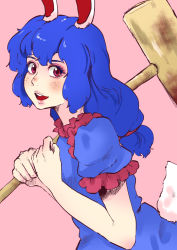 Rule 34 | 1girl, animal ears, blue dress, blue hair, blush, dress, earclip, heiya, highres, kine, long hair, looking at viewer, mallet, open mouth, pink background, puffy short sleeves, puffy sleeves, rabbit ears, rabbit tail, red eyes, seiran (touhou), short sleeves, simple background, smile, solo, tail, teeth, touhou, upper teeth only