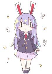 Rule 34 | 1girl, :x, animal ears, asameshi, black footwear, black jacket, blazer, blush stickers, buttoned cuffs, buttons, chibi, collared shirt, crescent, crescent pin, full body, hand up, jacket, long hair, long sleeves, loose socks, necktie, pink skirt, rabbit ears, red necktie, reisen udongein inaba, shirt, shoes, skirt, socks, solo, touhou, white shirt, white socks, | |
