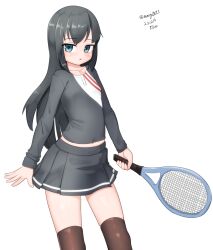 Rule 34 | 1girl, absurdres, alternate costume, asashio (kancolle), black hair, black thighhighs, blue eyes, dated, grey shirt, grey skirt, highres, kantai collection, long hair, maru (marg0613), one-hour drawing challenge, pleated skirt, racket, shirt, simple background, skirt, solo, standing, striped clothes, striped shirt, tennis racket, thighhighs, twitter username, white background