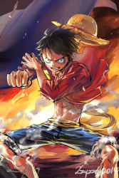 Rule 34 | 1boy, abs, black hair, blue shorts, clenched hand, commentary, english commentary, fire, hat, unworn hat, unworn headwear, incoming attack, incoming punch, looking at viewer, male focus, monkey d. luffy, one piece, open clothes, open shirt, parted lips, punching, red shirt, sash, scar, scar on face, shirt, short hair, shorts, signature, smile, solo, standing, straw hat, wind, yellow sash, zzyzzyy