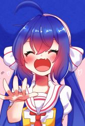 Rule 34 | 1girl, ahoge, asteroid stella, band uniform, blue hair, blue headwear, blush, closed eyes, collar, facing viewer, fang, headpat, heart, highres, large hat, long hair, open mouth, otomachi una, otomachi una (sugar), reaching, reaching towards viewer, sailor collar, short sleeves, skin fang, smile, solo, twintails, upper body, very long hair, vocaloid, white collar