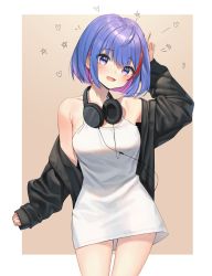 1girl :d absurdres ahoge arm_up armpit_peek bare_shoulders black_jacket blue_eyes blue_hair breasts collarbone colored_inner_hair cowboy_shot dress halter_dress halterneck head_tilt headphones headphones_around_neck highres jacket long_sleeves looking_at_viewer medium_breasts multicolored_hair off_shoulder open_clothes open_jacket open_mouth original purple_hair short_hair sleeveless sleeveless_dress smile solo spaghetti_strap streaked_hair white_dress xi_xeong