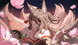 1girl absurdres aichinaigai animal_ears bare_shoulders bell breasts brown_hair closed_mouth commentary eyeliner floating_hair folding_fan fox_ears fox_girl fugue_(honkai:_star_rail) gradient_background green_eyes hair_between_eyes hair_ornament hand_fan highres holding holding_bell holding_fan honkai:_star_rail honkai_(series) large_breasts long_hair looking_at_viewer makeup off_shoulder pink_background red_eyeliner smile solo tingyun_(honkai:_star_rail) very_long_hair