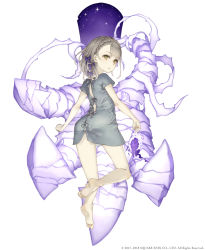 Rule 34 | 1girl, bare legs, barefoot, blonde hair, braid, briar rose (sinoalice), full body, giant hand, hair ribbon, highres, holding, holding letter, hospital gown, jino, letter, looking at viewer, official art, pale skin, ribbon, sinoalice, sky, soles, solo, star (sky), starry sky, white background, yellow eyes