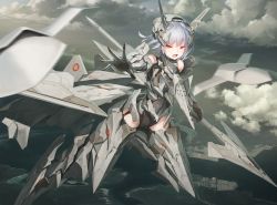Rule 34 | 1girl, ace combat, ace combat 7: skies unknown, adf-11f raven, aircraft, airplane, bodysuit, cloud, cloudy sky, commentary request, drone, fighter jet, flying, full body, headgear, highres, holding, holding polearm, holding spear, holding weapon, jet, looking at viewer, mecha musume, military, military vehicle, open mouth, orange eyes, outdoors, outstretched arm, personification, polearm, short hair, silver hair, sky, solo, spear, tom-neko (zamudo akiyuki), unmanned aerial vehicle, unmanned combat aerial vehicle, weapon, weapon uav (ace combat)