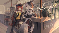 Rule 34 | 2girls, :d, animal ears, arknights, bar stool, beanie, black headwear, black shirt, black skirt, cafe, clothes writing, commission, demon girl, demon horns, demon tail, drink, ears through headwear, fishnet top, fishnets, fox ears, fox tail, frostleaf (arknights), grey hair, happy birthday, hat, headphones, hemorina, highres, holding, holding headphones, horns, horns through headwear, indoors, jacket, long hair, looking at another, maid, multiple girls, off shoulder, open clothes, open jacket, open mouth, plant, potted plant, red eyes, red hair, restaurant, shirt, skeb commission, skirt, smile, stool, tail, teeth, upper teeth only, very long hair, vigna (arknights), yellow shirt