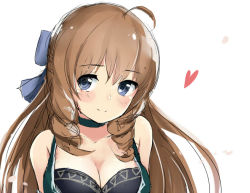 Rule 34 | 1girl, ahoge, alternative girls, arimura shion, bad id, bad pixiv id, bare shoulders, blue bow, blue eyes, blush, bow, breasts, brown hair, choker, cleavage, closed mouth, collarbone, green choker, hair bow, heart, long hair, looking at viewer, medium breasts, momotomimi, ringlets, sketch, sleeveless, smile, solo, tareme, upper body