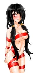 Rule 34 | 10s, 1girl, ;), arms behind back, bdsm, black hair, blush, bondage, bound, bound arms, breasts, cleavage, date a live, drawfag, long hair, low twintails, naked ribbon, navel, nude, one eye closed, red eyes, ribbon, smile, solo, standing, tokisaki kurumi, twintails, underboob, white background