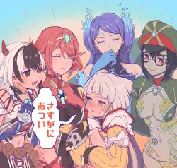 Rule 34 | abs, blue hair, breasts, brighid (xenoblade), colored skin, crossette (xenoblade), glasses, green skin, hat, highres, multiple girls, newt (xenoblade), nia (xenoblade), pyra (xenoblade), red hair, translation request, white hair, xenoblade chronicles (series), xenoblade chronicles 2