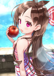 Rule 34 | 1girl, apple, bare shoulders, beach, breasts, brick wall, brown hair, camisole, downblouse, dress, flower, food, from side, fruit, highres, idolmaster, idolmaster cinderella girls, idolmaster cinderella girls starlight stage, long hair, looking at viewer, looking to the side, open mouth, pink eyes, signature, skinny, small breasts, solo, striped, sundress, tansan daisuki, tareme, tsujino akari, upper body, very long hair, water