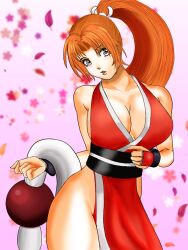 Rule 34 | 1girl, breasts, cleavage, fatal fury, large breasts, lipstick, long hair, makeup, ponytail, shiranui mai, solo