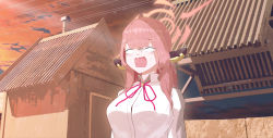 Rule 34 | 1girl, absurdres, aru (blue archive), blue archive, blue sky, breasts, building, cloud, cloudy sky, collared shirt, door, dress shirt, halo, highres, horns, long hair, medium breasts, neck ribbon, open mouth, outdoors, pink hair, pink ribbon, ribbon, ryeon (bluetom1), shirt, sky, solo, sunset, sweat, upper body, wavy mouth, white shirt