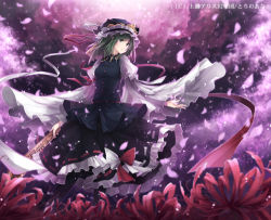 Rule 34 | 1girl, cherry blossoms, female focus, flower, green hair, hagiwara rin, hat, lowres, petals, rod of remorse, shiki eiki, solo, spider lily, standing, touhou, wide sleeves