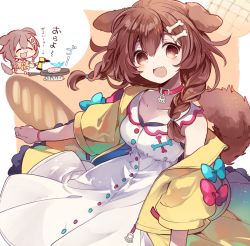 Rule 34 | 1girl, :d, animal ears, baguette, bare shoulders, blue bow, blush, bone hair ornament, bow, braid, bread, breasts, brown eyes, brown hair, cartoon bone, chibi, closed eyes, collar, collarbone, cyawa, dog ears, dog girl, dog tail, dress, fang, food, hair between eyes, hair ornament, highres, hololive, inugami korone, inugami korone (1st costume), jacket, long hair, medium breasts, multiple views, off shoulder, open clothes, open jacket, open mouth, puffy short sleeves, puffy sleeves, red bow, red collar, short sleeves, sleeveless, sleeveless dress, smile, tail, twin braids, virtual youtuber, white dress, yellow jacket