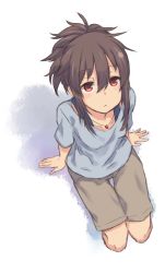 Rule 34 | 1girl, :&lt;, arm support, auru t, blue shirt, blush, brown hair, brown shorts, closed mouth, collarbone, cropped legs, from above, full body, hair between eyes, highres, jewelry, looking up, necklace, original, red eyes, shirt, short sleeves, shorts, simple background, sitting, sketch, solo, thigh gap, white background