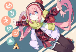 Rule 34 | 10s, 1girl, beanie, hat, highres, jacket, kagamihara nadeshiko, litsvn, long hair, outstretched arms, pantyhose, pink hair, scarf, shoes, shorts, solo, spread arms, yurucamp