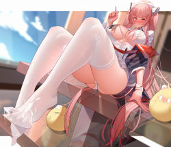Rule 34 | 1girl, absurdres, ass, azur lane, bandaid, bandaid on head, blue sky, blurry, blurry background, blush, breasts, center opening, cross, cross hair ornament, crossed bandaids, feet, gloves, hair ornament, half gloves, hat, highres, holding, holding syringe, id card, indoors, lanyard, large breasts, legs, long hair, manjuu (azur lane), nurse, nurse cap, official alternate costume, panties, perseus (azur lane), perseus (unfamiliar duties) (azur lane), pink eyes, pink gloves, pink hair, sitting, sky, suggestive fluid, syringe, thighhighs, thighs, tousang, twintails, underwear, very long hair, white headwear, white panties, white thighhighs
