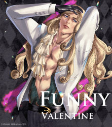 Rule 34 | 1boy, abs, argyle, argyle background, argyle clothes, ascot, belt, black gloves, black pants, blonde hair, blue eyes, character name, curly hair, funny valentine, gloves, green shirt, hand on own head, highres, jacket, jojo no kimyou na bouken, long hair, looking to the side, open clothes, open shirt, pants, shirt, sleeve cuffs, solo, steel ball run, suit jacket