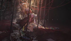 Rule 34 | 1girl, ascot, barefoot, blonde hair, blurry, blurry background, cage, closed eyes, crystal, dark, depth of field, english text, feet, flandre scarlet, full body, highres, key, charm (object), leaning forward, long hair, miv4t, on floor, puffy short sleeves, puffy sleeves, red ribbon, red skirt, reflection, ribbon, sash, shirt, short sleeves, sitting, skirt, skirt set, soles, solo, toes, torn clothes, torn skirt, touhou, white shirt, wings, yellow ascot