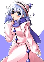Rule 34 | 1girl, blue eyes, blue scarf, blush, closed mouth, cowboy shot, hat, highres, long sleeves, looking at viewer, merlin prismriver, musical note, oshiaki, outline, pink shirt, pink skirt, scarf, shirt, sidelocks, silver hair, skirt, skirt set, smile, solo, touhou, v, white outline