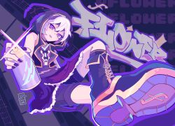 Rule 34 | 1girl, absurdres, androgynous, black hair, black nails, boots, character name, chocolatte 39, choker, flower (vocaloid), flower (vocaloid4), forte (symbol), fur trim, graffiti, highres, hood, hood up, hooded jacket, jacket, multicolored hair, musical note, open mouth, perspective, purple eyes, purple skirt, purple undershirt, purple vest, shoe soles, short hair, shorts, skirt, smile, spray can, tomboy, torn clothes, two-tone hair, vest, vocaloid, wallet chain, white hair