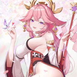 Rule 34 | 1girl, animal ears, arms up, bare shoulders, barefoot, breasts, bug, butterfly, cherry blossoms, detached sleeves, dress, earrings, finger heart, floppy ears, flower, fox, fox ears, full body, genshin impact, hair between eyes, hair ornament, hakama, hancho, heart, highres, holding, insect, japanese clothes, jewelry, kitsune, large breasts, long hair, long sleeves, looking at viewer, low-tied long hair, miko, mitsudomoe (shape), nail, nail polish, necklace, nontraditional miko, petals, pink fur, pink hair, pink nails, purple eyes, shirt, sideboob, sleeveless, sleeveless shirt, smile, solo, tassel, tomoe (symbol), turtleneck, very long hair, white shirt, white sleeves, wide sleeves, yae miko
