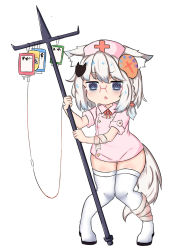 Rule 34 | 1girl, @ @, animal ear fluff, animal ears, bailingxiao jiu, bandaged arm, bandaged leg, bandages, blue eyes, boots, braid, collared dress, crying, crying with eyes open, dress, full body, glasses, hat, highres, intravenous drip, knees together feet apart, nurse, nurse cap, original, parted lips, pink dress, pink hat, saliva, short sleeves, side braid, silver hair, simple background, solo, standing, sweat, tail, tears, thigh boots, thighhighs, white background, white footwear, white thighhighs