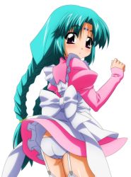 Rule 34 | 1990s (style), 1girl, :o, absurdres, apron, ass, bow, braid, canal vorfeed, cowboy shot, dress, facial mark, forehead mark, frilled apron, frills, garter straps, hair tie, highres, juliet sleeves, long hair, long sleeves, lost universe, low-tied long hair, maid, non-web source, parted bangs, parted lips, petticoat, pink dress, puffy sleeves, purple eyes, retro artstyle, shiny skin, simple background, sleeves past wrists, solo, standing, sugimora tomokazu, sugimura tomokazu, tareme, thighhighs, twin braids, very long hair, white apron, white background, white bow, white thighhighs