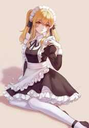 1girl absurdres apron black_dress black_ribbon blonde_hair blush breasts cyfrost dress frilled_apron frills hair_over_shoulder hair_ribbon highres kakegurui kakegurui_twin long_hair looking_at_viewer maid maid_apron maid_headdress medium_breasts official_alternate_costume on_floor open_mouth pantyhose puffy_sleeves raised_eyebrows ribbon saotome_mary sidelocks simple_background sitting twintails waist_apron white_apron white_pantyhose yellow_eyes