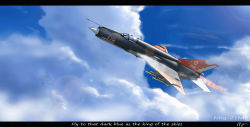 Rule 34 | ace combat, ace combat 7: skies unknown, aircraft, airplane, blue sky, cloud, day, fighter jet, highres, jet, letterboxed, mig-21, military, military vehicle, missile, outdoors, sky, user eacp8527, vehicle focus