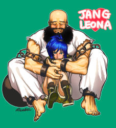 Rule 34 | 1boy, 1girl, barefoot, beard, blue eyes, blue hair, blush, boots, chain, chang, chang koehan, couple, english text, engrish text, facial hair, green background, height difference, hetero, hug, hug from behind, leona heidern, muscular, navel, ponytail, ranguage, rukiana, sitting, sitting on lap, sitting on person, size difference, snk, the king of fighters