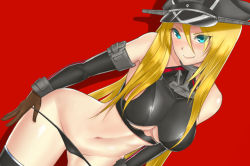 Rule 34 | 10s, 1girl, adapted costume, armlet, bare shoulders, bismarck (kancolle), black gloves, black panties, black thighhighs, blonde hair, blood, blue eyes, blush, breasts, clothing cutout, cowboy shot, dutch angle, elbow gloves, eyes visible through hair, gloves, hair between eyes, hat, kantai collection, large breasts, lips, long hair, midriff, navel, nosebleed, panties, panty pull, peaked cap, red background, simple background, smile, solo, standing, stomach, thighhighs, underboob, underboob cutout, underwear, vanquice, very long hair
