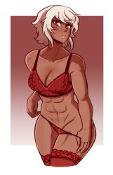 Rule 34 | 1girl, abs, bra, breasts, cleavage, collarbone, cropped legs, dark-skinned female, dark skin, facial mark, fire emblem, fire emblem fates, highres, lingerie, looking at viewer, medium breasts, navel, nintendo, panties, panty pull, pulling own clothes, red bra, red eyes, red panties, rinkah (fire emblem), scruffyturtles, short hair, solo, thick thighs, thighs, underwear, underwear only, whisker markings, white hair