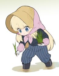 Rule 34 | 1girl, alternate costume, black shirt, blonde hair, blue eyes, blush, bonnet, boots, child, etrian odyssey, farming, full body, goeppe, harvest, head scarf, layered shirt, pants, rice (plant), rune master 2 (sekaiju), sekaiju no meikyuu, sekaiju no meikyuu 4, shirt, solo, striped clothes, striped pants, wading, walking, water, white background