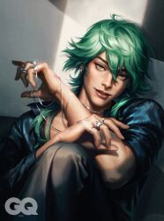 Rule 34 | 1boy, black pants, blue shirt, brown eyes, collared shirt, earrings, ezreal, gq (magazine), green hair, heartsteel (league of legends), heartsteel ezreal, highres, jewelry, league of legends, long hair, looking at viewer, male focus, multiple rings, official art, pants, parted lips, ring, shirt, solo, third-party source